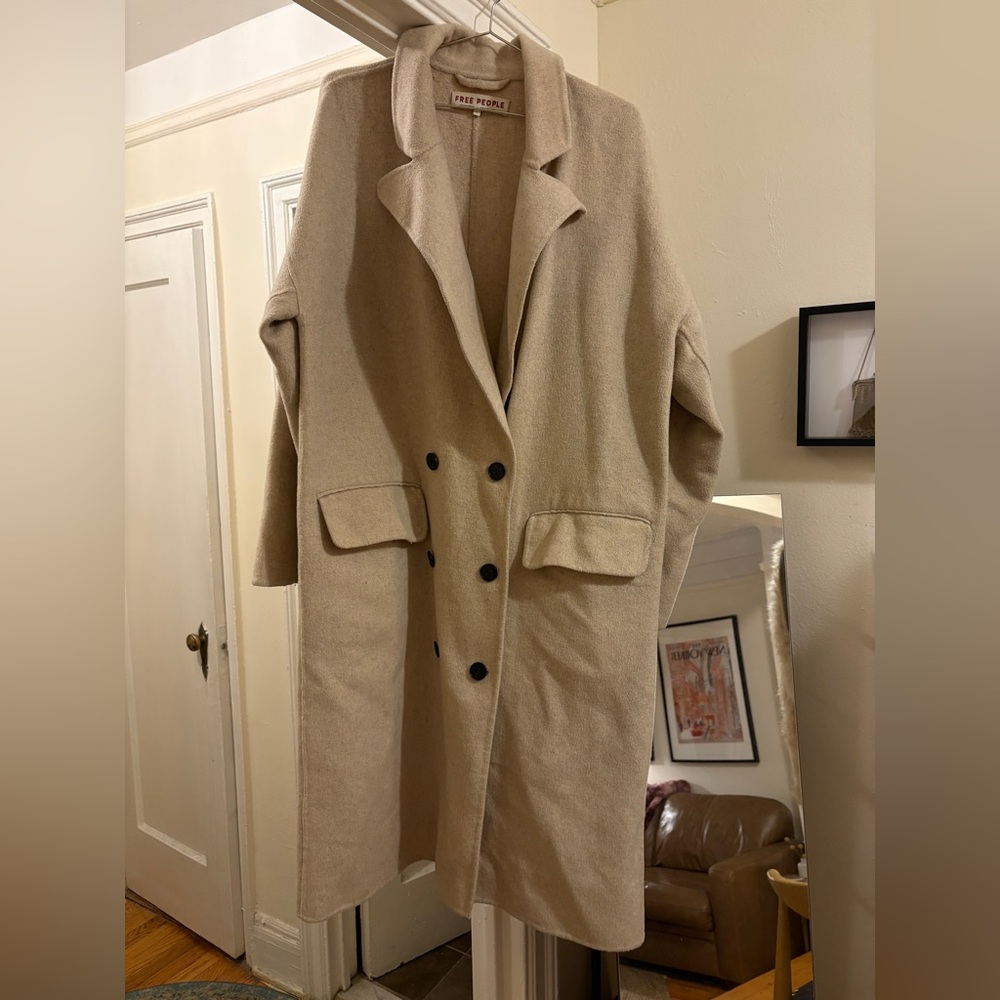 Free People Double Breasted Beige Long Coat